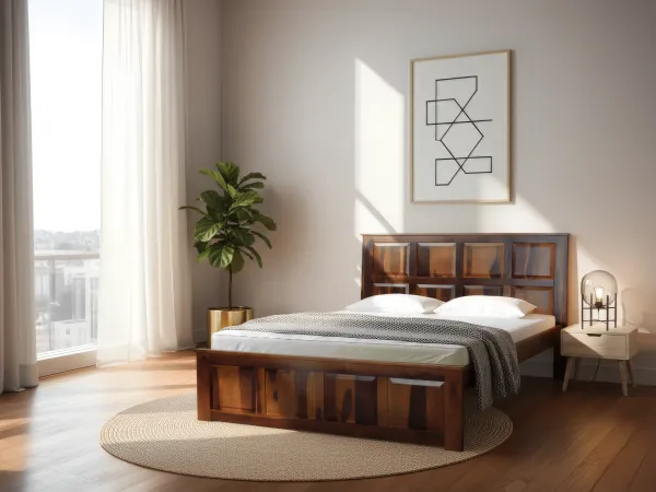 Alexa Solid Wood Queen Size Double Bed with 4 Inches Mattress